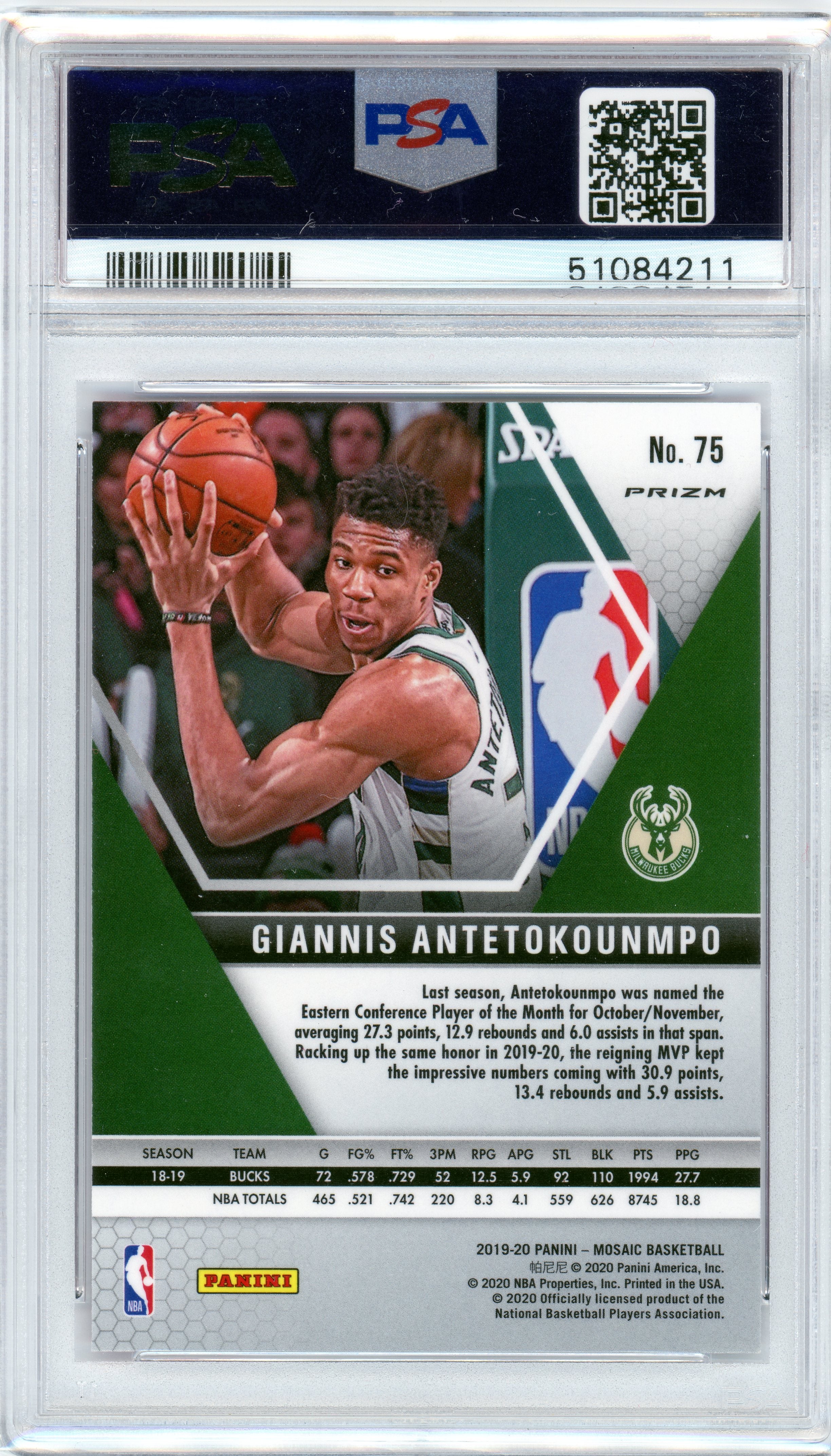 PSA 10 Giannis AntetoKounmpo // Milwaukee Bucks // 2019 Panini Mosiac // Pink Camo #75