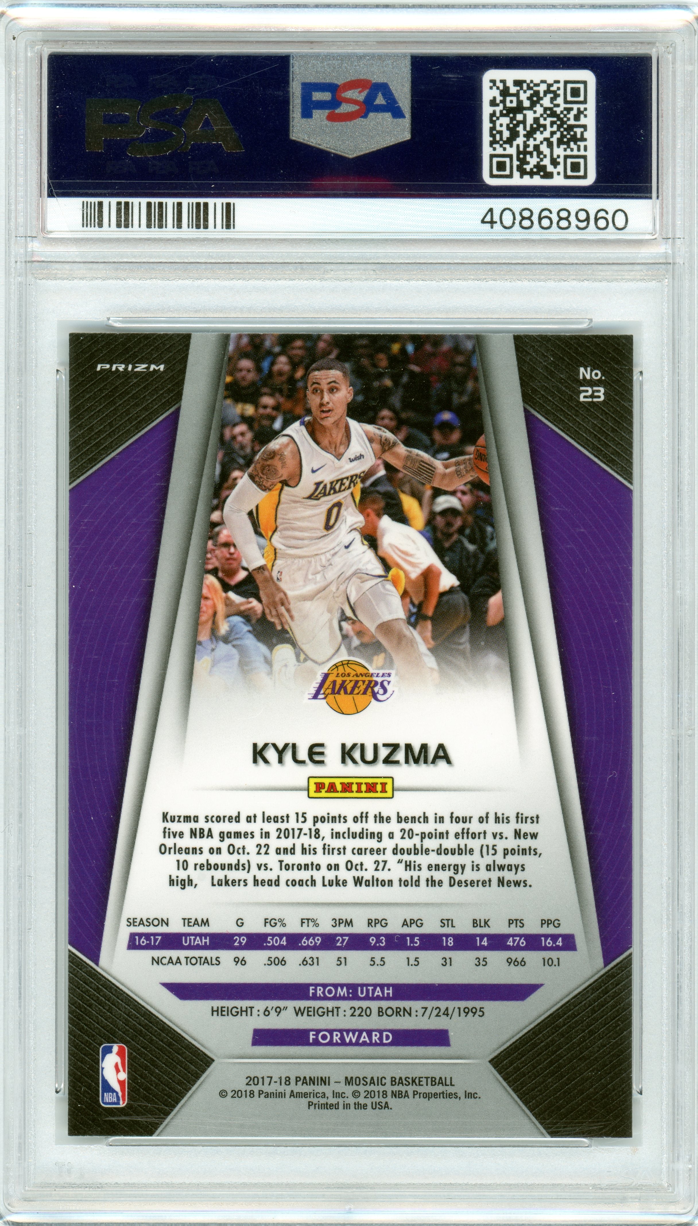 PSA 10 Kyle Kuzma LA Lakers // 2017 Panini Prizm Mosaic #23