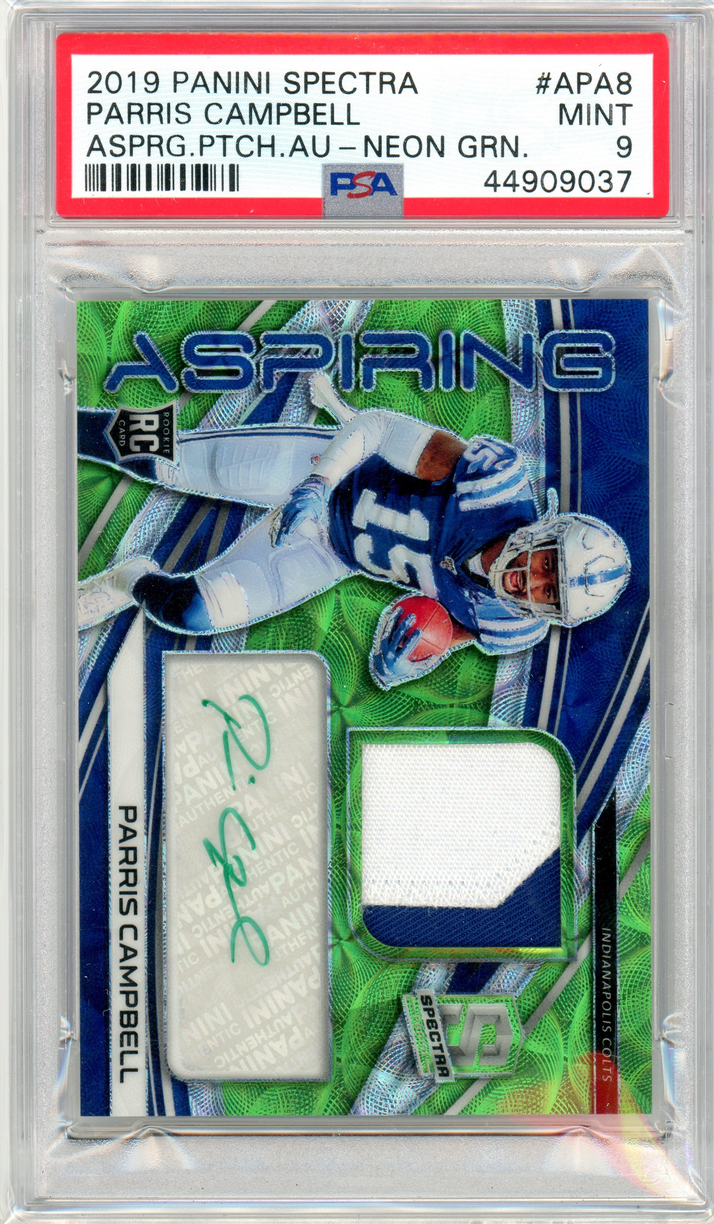 PSA 9 Parris Campbell // Patch + Autograph (05/50) // Neon Green 2019 Panini Spectra