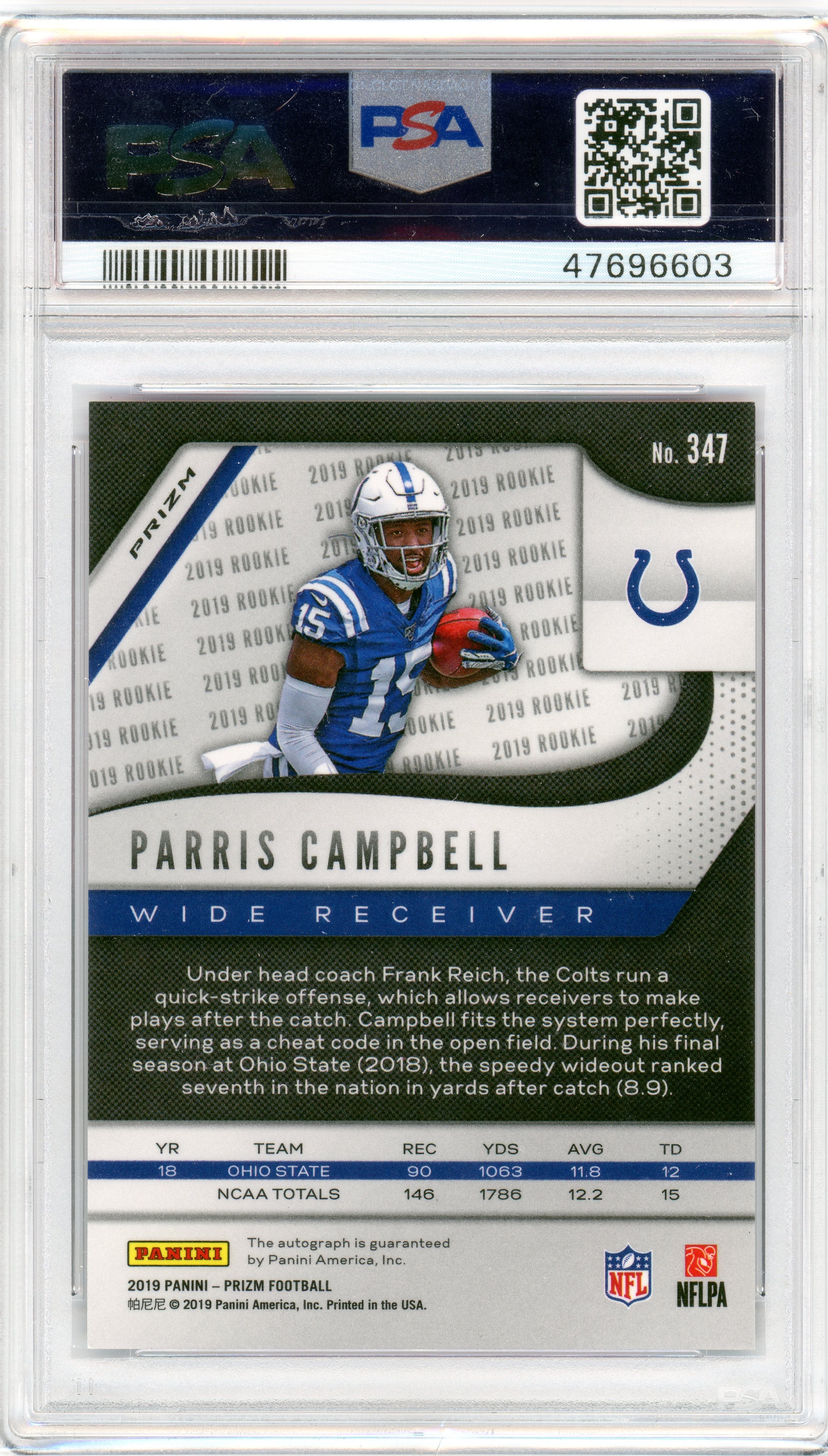 PSA 9 Parris Campbell // POP 1 // Autograph - Pink Prizm // 2019 panini Prizm