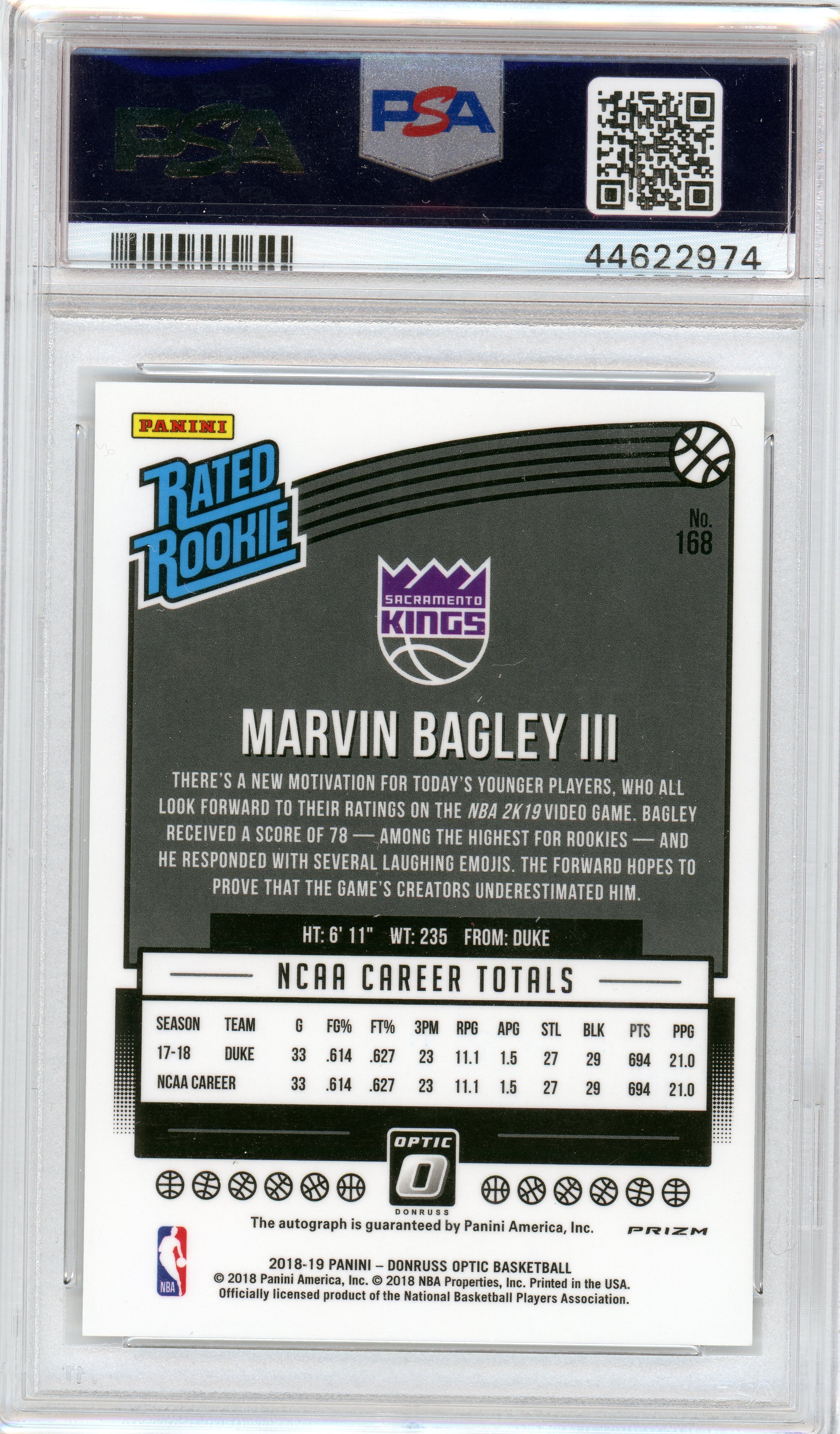 PSA 10 Marvin Bagley III //POP 5 // 2018 Panini Donruss Optic // Autograph - Fast Break #168