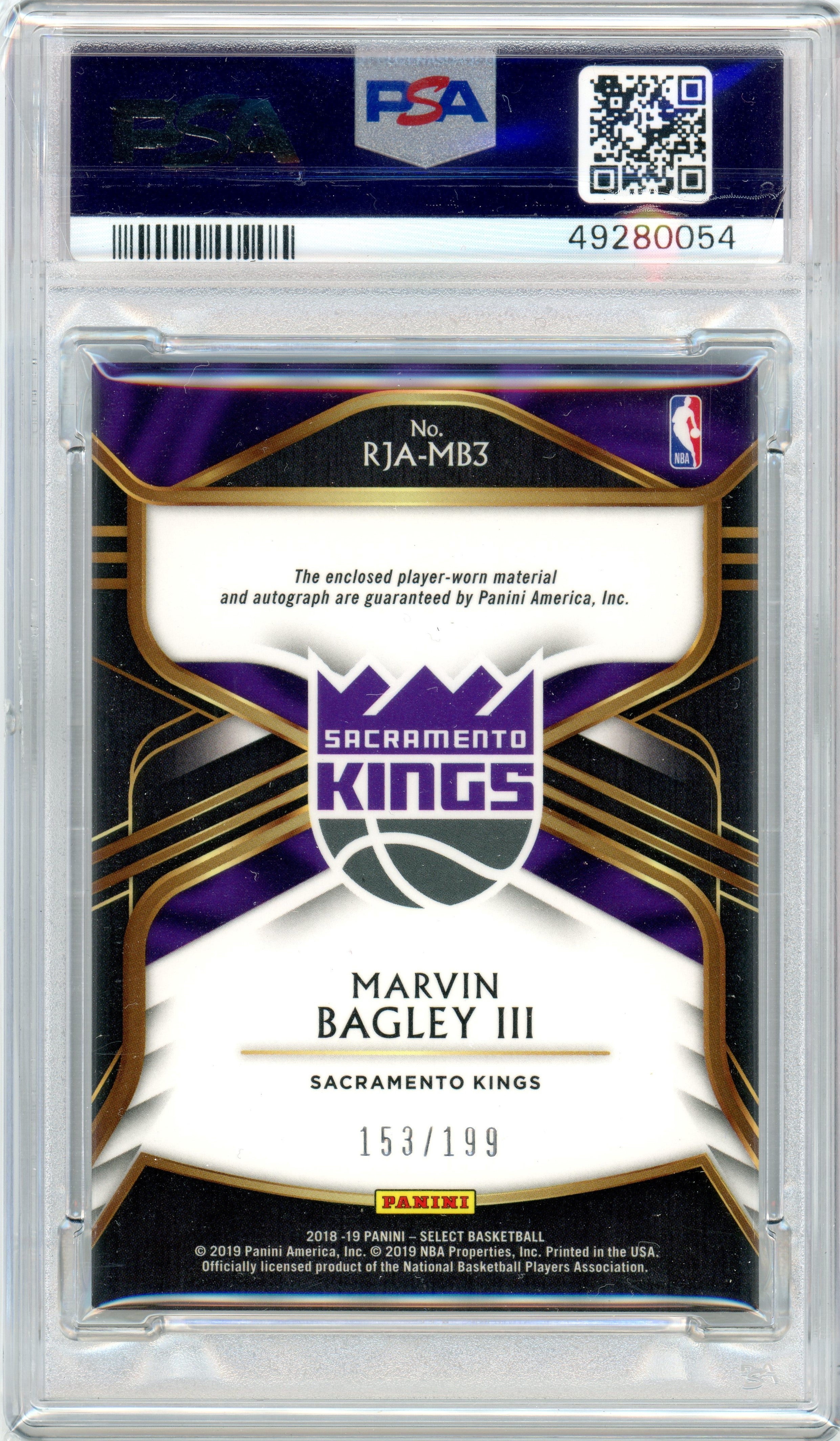 PSA 8 Marvin Bagley III Patch + Auto // POP 2- card numbered 153/199 // 2018 Panini Select // Rookie Jersey Autographs #MB3
