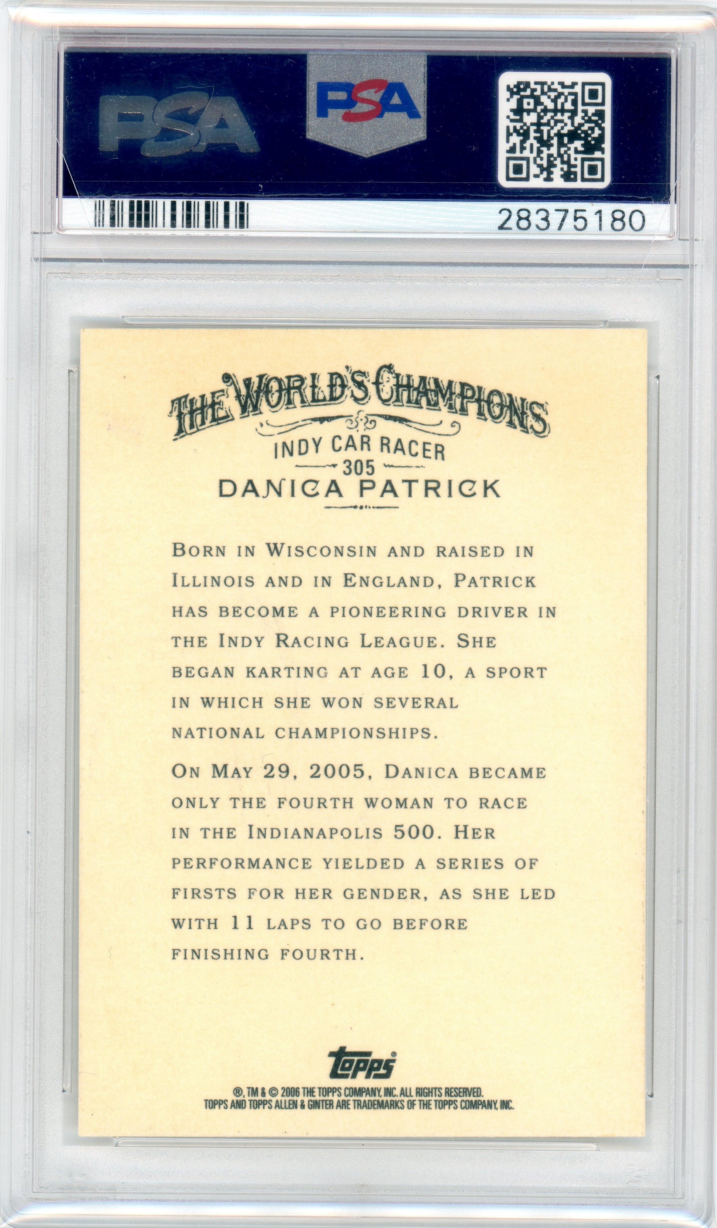 PSA Danica Patrick signed on card auto // Authentic 2006 Topps // Allen and Ginter #305