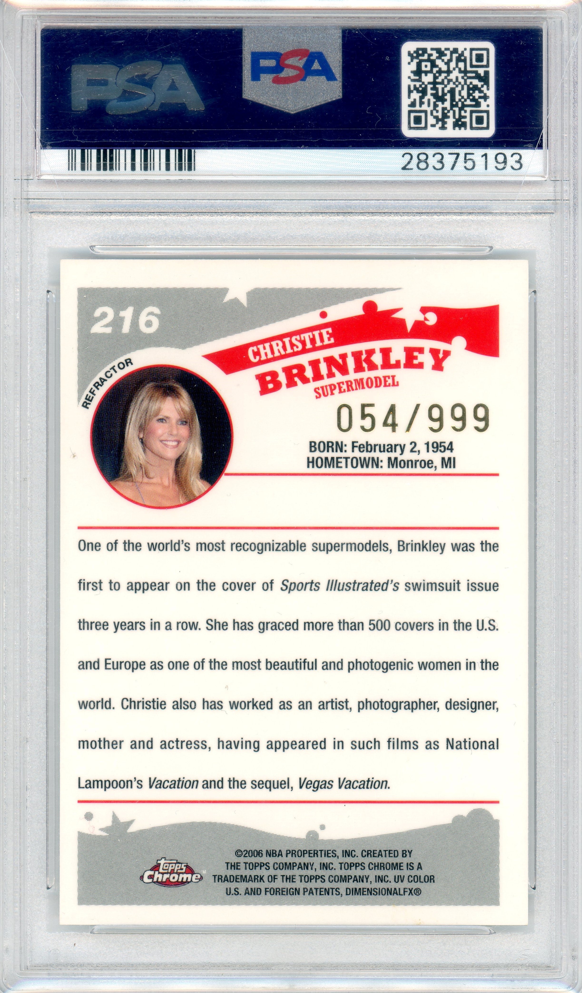 PSA Christie Brinkley on card autograph // 2005 Topps Chrome refractor #216