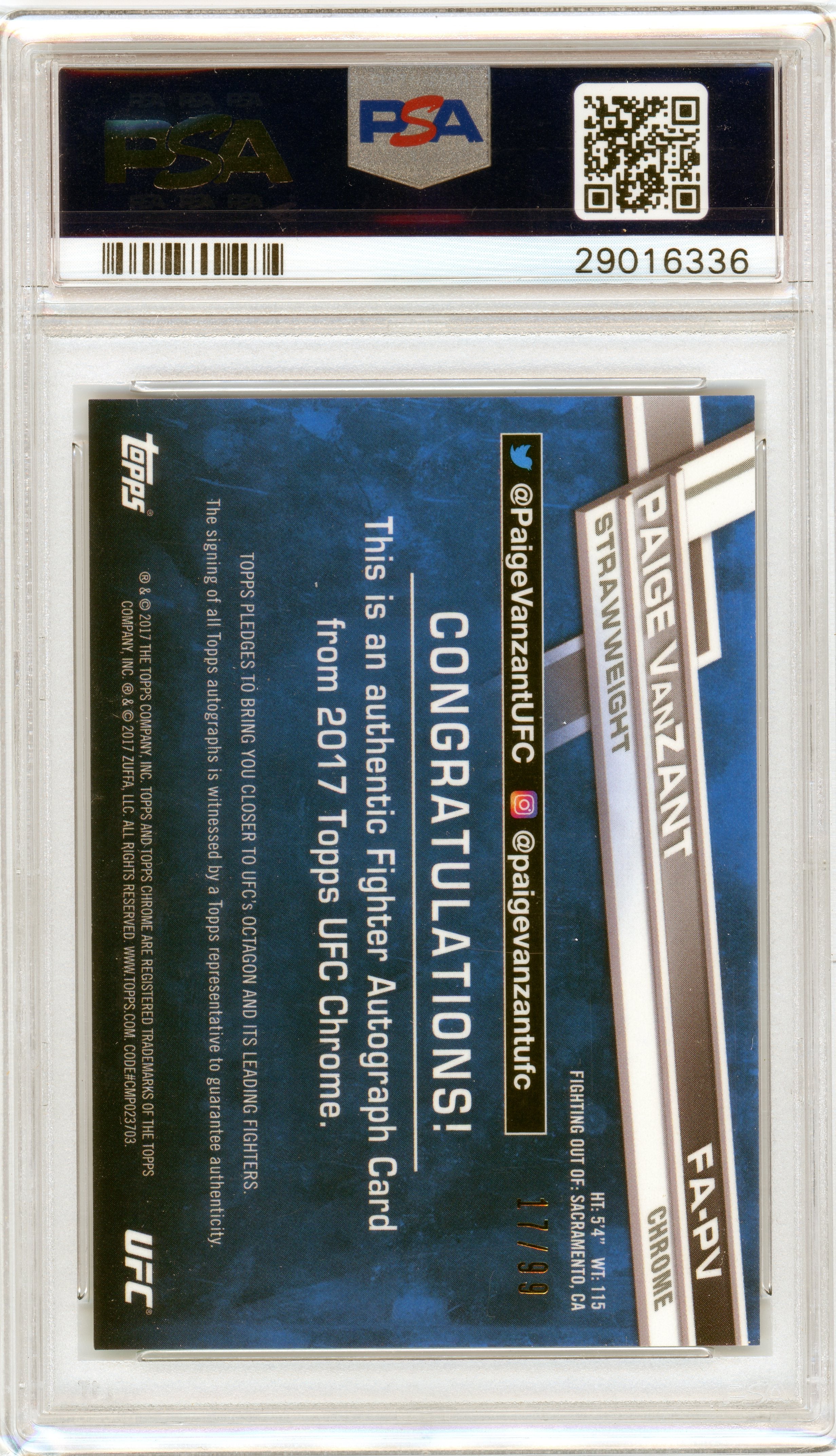 PSA 10 Gem Mint Paige Vanzant auto // POP 3 // 2017 Topps UFC Chrome fighter - green #FA-PV