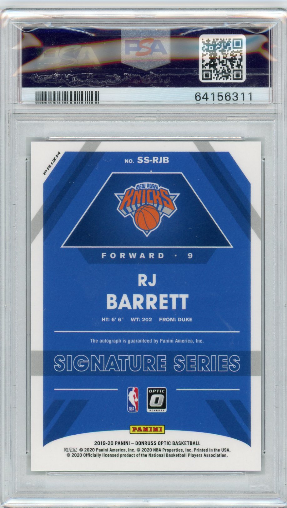PSA Knicks R.J Barrett // NBA Auto 10 // 2019 Panini Donruss Optic