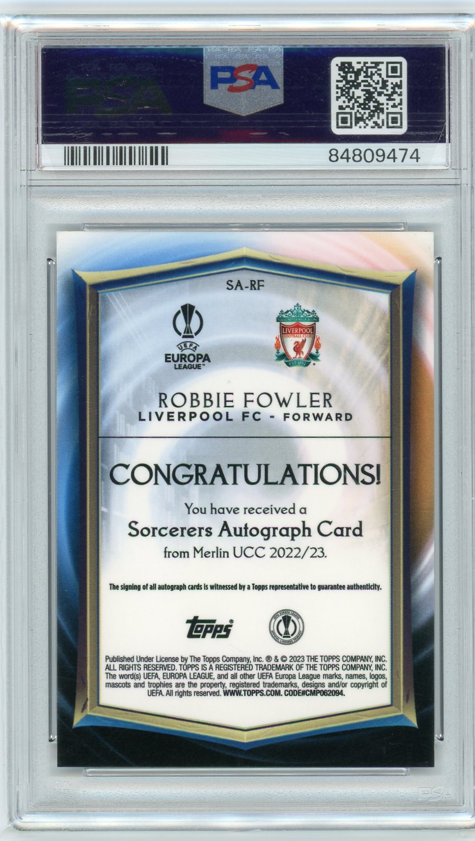 PSA 9 Liverpool Robbie Fowler // 2022-2023 Merlin Chrome // AUTO 10